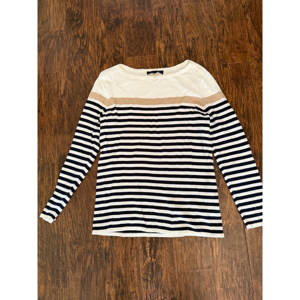 Tommy Hilfiger Womens Large Striped Boat Neck Top Navy White Gold Metallic L
